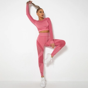 Dettagli del set da yoga rosa senza cuciture con top a maniche lunghe e leggings a vita alta