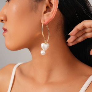 Boucles D'Oreilles Pendantes En Künstliche Perles D'Imitation Cœur Et Rondes Avec Tige En Argent Bijoux Vintage Dorés Pour Femmes