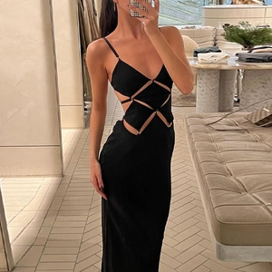 Abito Maxi Con Cut Out Spalline Sottili Schiena Scoperta Vestibilità Aderente Scollo A V Anello Metallico Poliestere Elastan