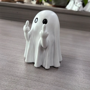 Cute white resin ghost ornament with provocative middle finger gesture for home decor