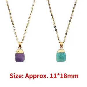 Natural raw crystal necklaces in purple and green with gold metal caps and chains