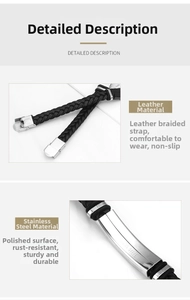 Detailed macro view of woven black leather cord and polished stainless steel clasp