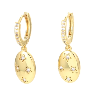 Gold star oval pendant earrings with micro-inlaid colorful zircons and hoop design