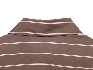 Detailed close-up of coffee brown striped shirt collar showing stitching and mesh texture