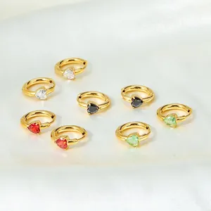 Titanium steel heart-shaped zircon hoop earrings in four colors on white satin