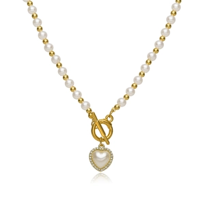 Elegant pearl heart necklace with gold OT buckle and sparkling pavé diamond pendant