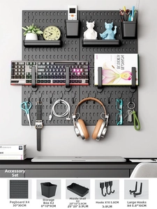 Modular black pegboard organizer set with shelves and hooks for wall mounted storage