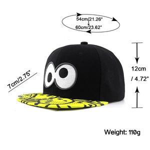 Embroidered hip-hop snapback hat in black and yellow with dimensions and weight info