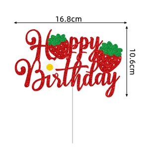 Sparkling red Happy Birthday cake topper with strawberry accents and size indicators