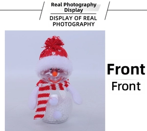 Detail of transparent snowman candy jar with knit hat and white foam balls filling inside