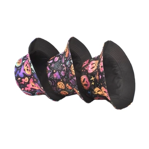Black Halloween bucket hat with pumpkin and ghost prints for casual festive wear