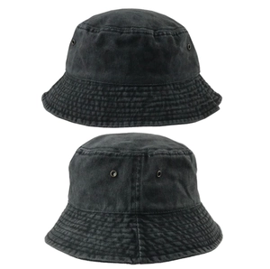 Detail view of black washed cotton bucket hat showing distressed texture and side eyelets