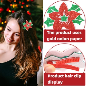 Christmas bow hair clip with red and green glitter flower and metal duckbill clip