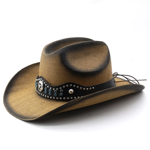 Western style brown straw cowboy hat with distressed brim and turquoise studded band
