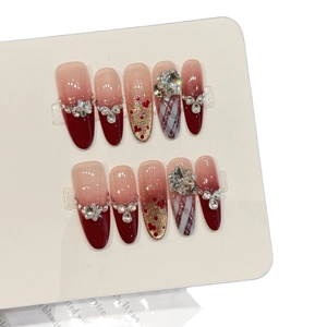 French wine red heart and polka dot press-on nails with 3D crystal star embellishments