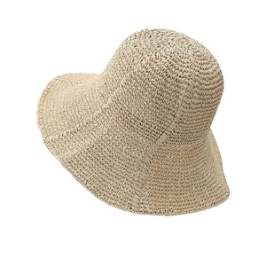 Handmade crochet straw sun hat with wide brim for summer beach and UV protection
