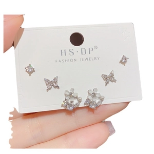Three-pair set of s925 silver stud earrings with butterfly, flower and zircon designs