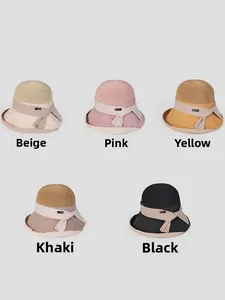 Collage of breathable sun hats in beige pink yellow khaki and black with bow ribbons