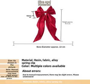 Detailed dimensions of large dark red satin bow hair clip with long ribbons