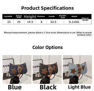 Detailed size chart and multi-color view of star-accented denim underarm bags