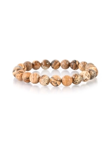 Close-up of natural picture jasper stone beads with unique earthy textures on a beaded bracelet