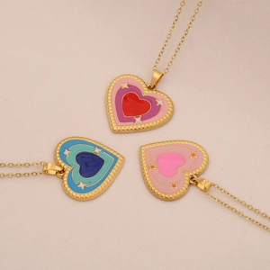 Gold stainless steel necklaces with two-tone enamel heart pendants and star patterns