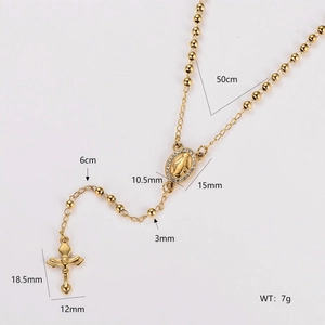 Golden stainless steel rosary necklace with cross pendant and Virgin Mary medal dimensions