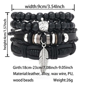 Detail view of multi-layer black beaded bracelets with silver feather pendant and size specs