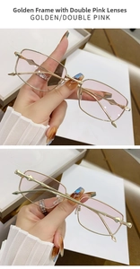 Detailed view of vintage rectangular gold metal sunglasses with gradient pink lenses