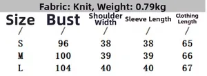 Size chart for off-shoulder knitted sweater showing bust, shoulder and sleeve measurements