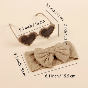 Kids heart sunglasses and ribbed bow headband set with detailed size measurements