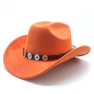 Detail of orange suede cowboy hat with brown leather band and silver turquoise studs