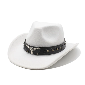 White cowboy felt hat with black leather band featuring a silver bull head ornament