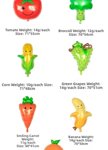 Detail view of large fruit and vegetable foil balloons with cute smiling faces