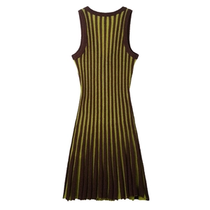Sleeveless knit dress with vertical yellow, green, and brown stripes in a slim fit design
