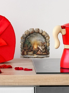 Détail du sticker mural 3D souris de Noël montrant une souris lisant près d'une cheminée