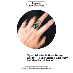 Detailed view of silver spider ring featuring a large green oval gemstone and adjustable band