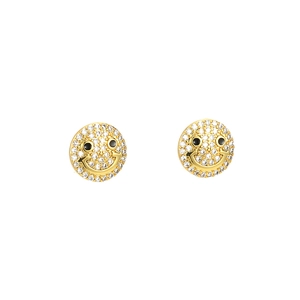 18K gold plated copper smiley face stud earrings with micro-set cubic zirconia stones