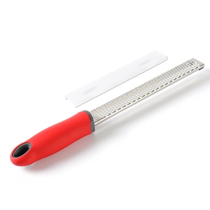 Stainless steel cheese grater with red handle and white protective blade cover