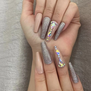 Luxury Long Coffin Press On Nails Silver Glitter Rhinestone Inlaid Nude Pink Artificial Nails Fashion Manicure For Women M107