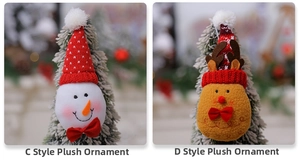 Detailed view of plush Christmas tree ornaments featuring a snowman and a reindeer doll