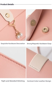Detail of color-block bag with pearl charm, magnetic buckle and fine stitching craft