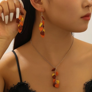 Autumn maple leaf jewelry set with colorful pendant necklace and hook earrings for women
