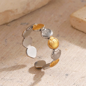 Two Tone Gold Silver Shell Shape Open Adjustable Ring Stainless Steel Beach Vacation Fashion Jewelry For Women