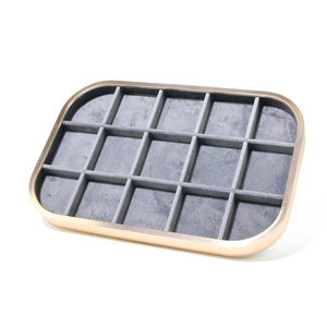Champagne gold metal jewelry display tray with 18 grey microfibre velvet compartments
