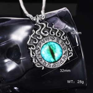 Vintage silver flame evil eye necklace pendant with blue gemstone, 43mm gothic jewelry