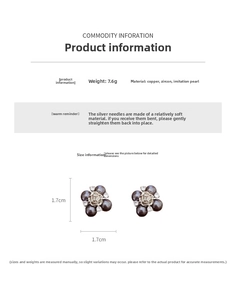 Detail showing dimensions of silver-toned flower stud earrings with pearls and zircons