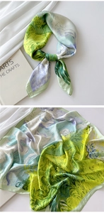 Artistic oil painting style silk square scarf with yellow and lavender abstract textures