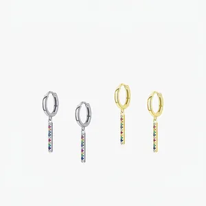 925 Sterling Silver Rainbow Colorful Cubic Zirconia Bar Pendant Hoop Earrings For Women Minimalist Dainty Jewelry