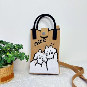 Brown knitted cartoon cat crossbody phone bag with nice embroidery for women